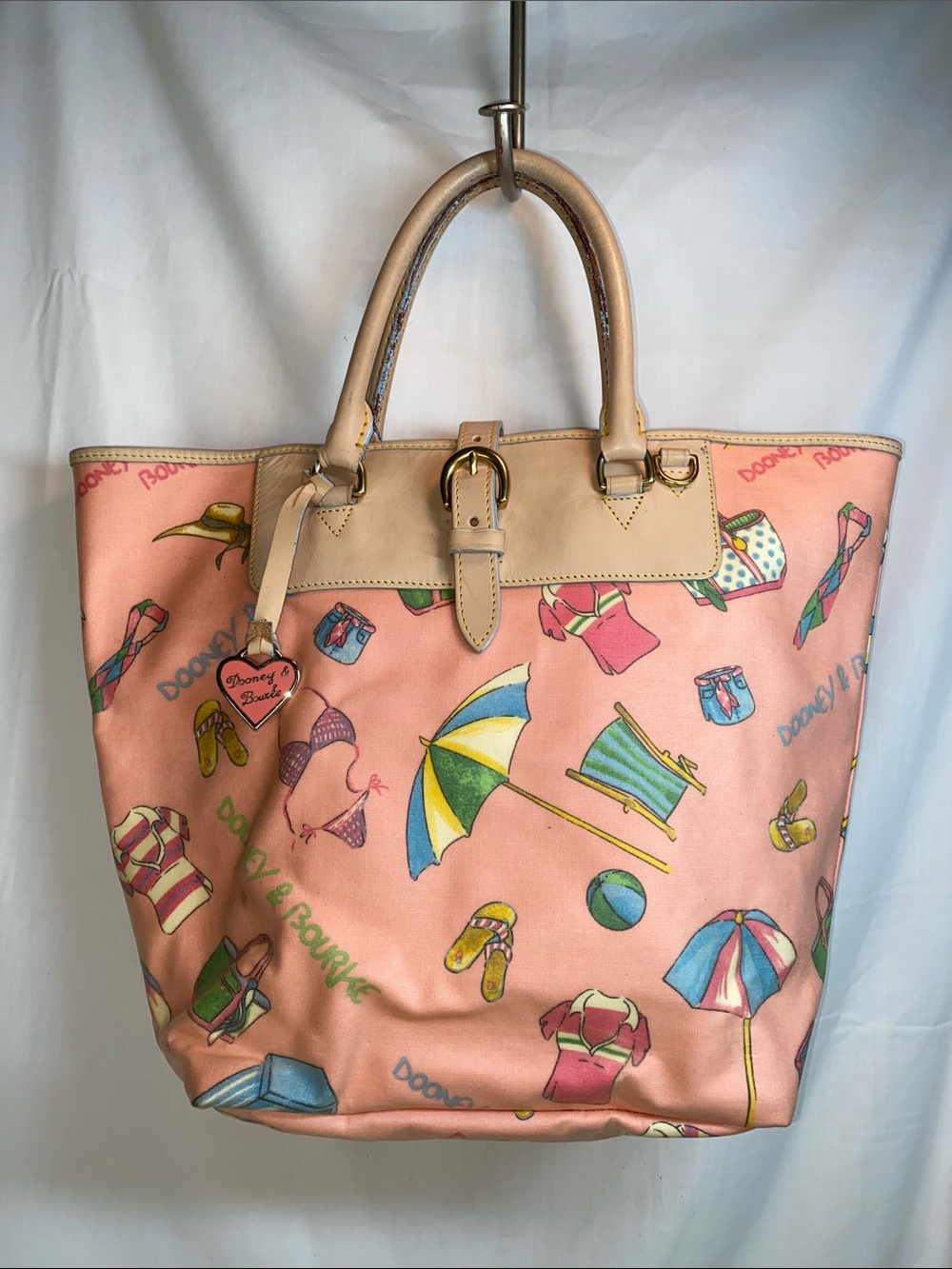 Dooney & Bourke Pink Beach Print Tote Bag with Beige Trim